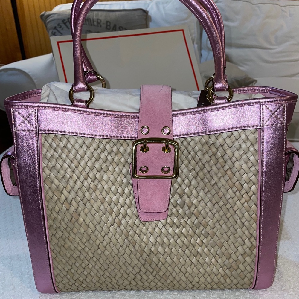Coach summer straw bag with pink accents NEW